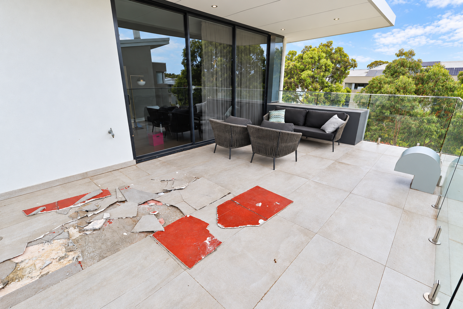 Balcony floor with broken and lifted tiles before the work.